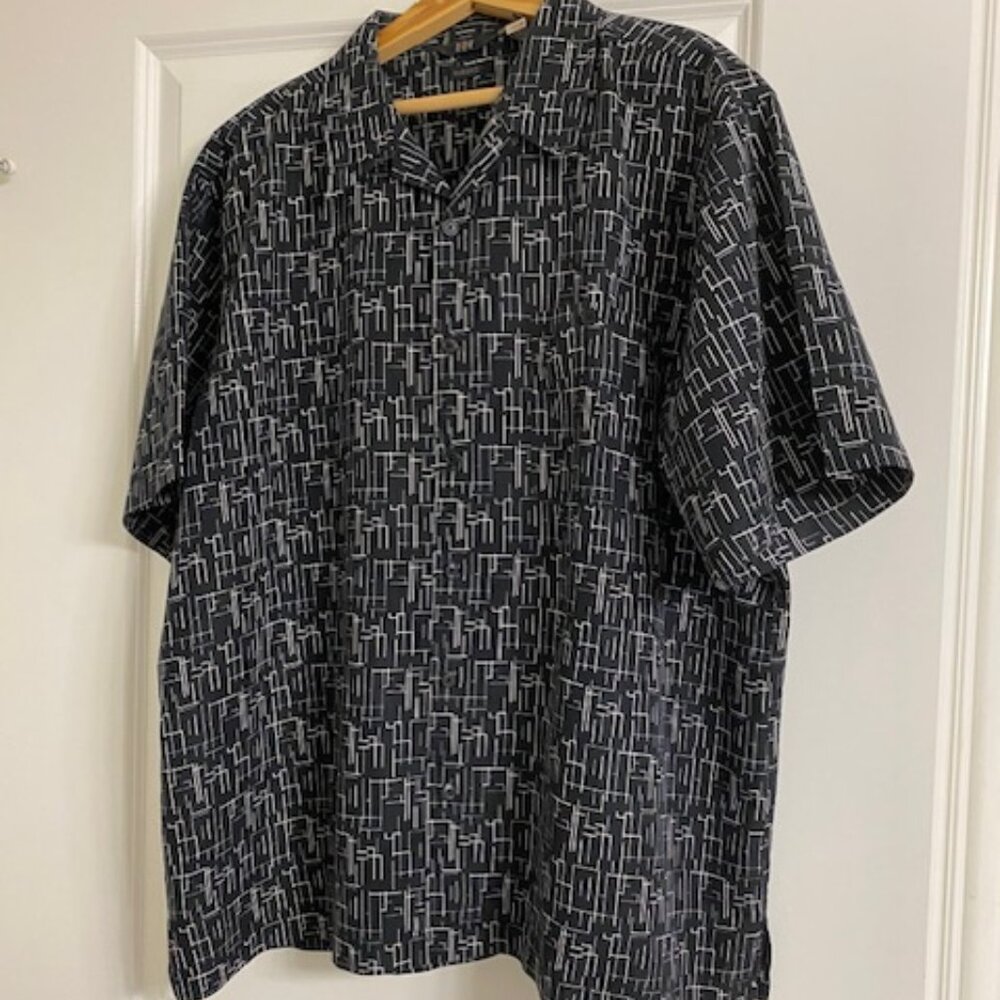 H&H * SUEDED faux SILK s/s BLACK w/ CREAM button-down shirt * CHEST POCKET * XL